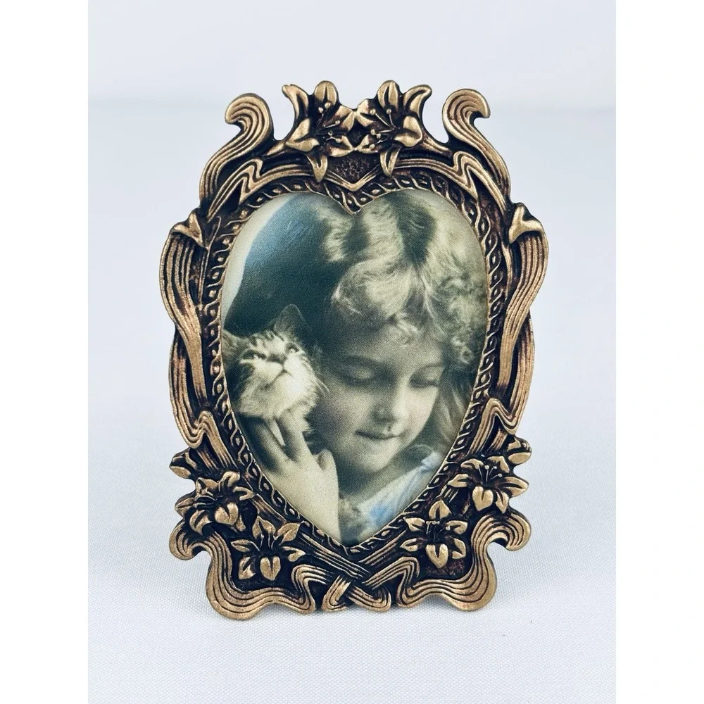 Ornate Vintage Bronze Metal Miniature Heart Floral Scroll Picture Frame